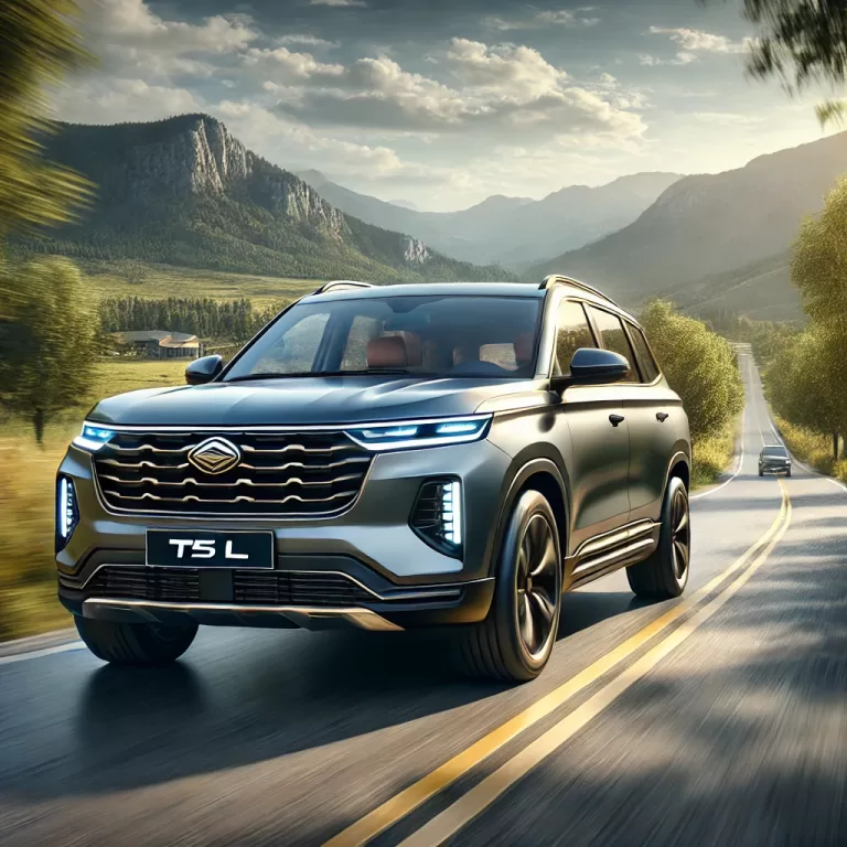 DALL·E 2024 08 15 13.38.07 A detailed photorealistic image of a modern sleek SUV the Dongfeng T5 L driving on an open road surrounded by nature. The SUV has a bold and attra Dongfeng Forthing Panama | Carbone