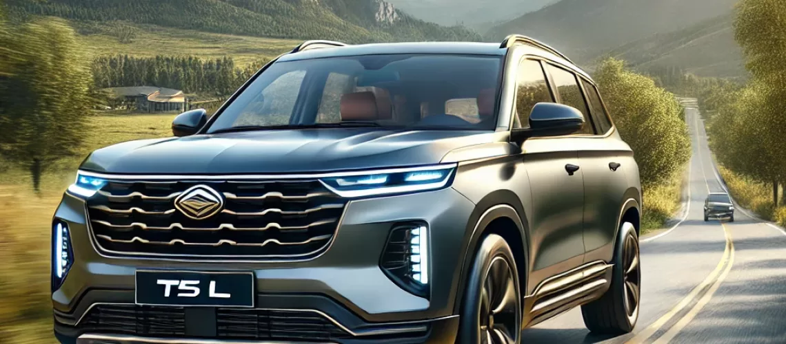 DALL·E 2024-08-15 13.38.07 - A detailed, photorealistic image of a modern, sleek SUV, the Dongfeng T5 L, driving on an open road surrounded by nature. The SUV has a bold and attra